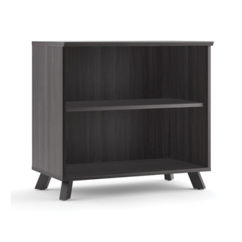 short dark brown bookshelf with legs